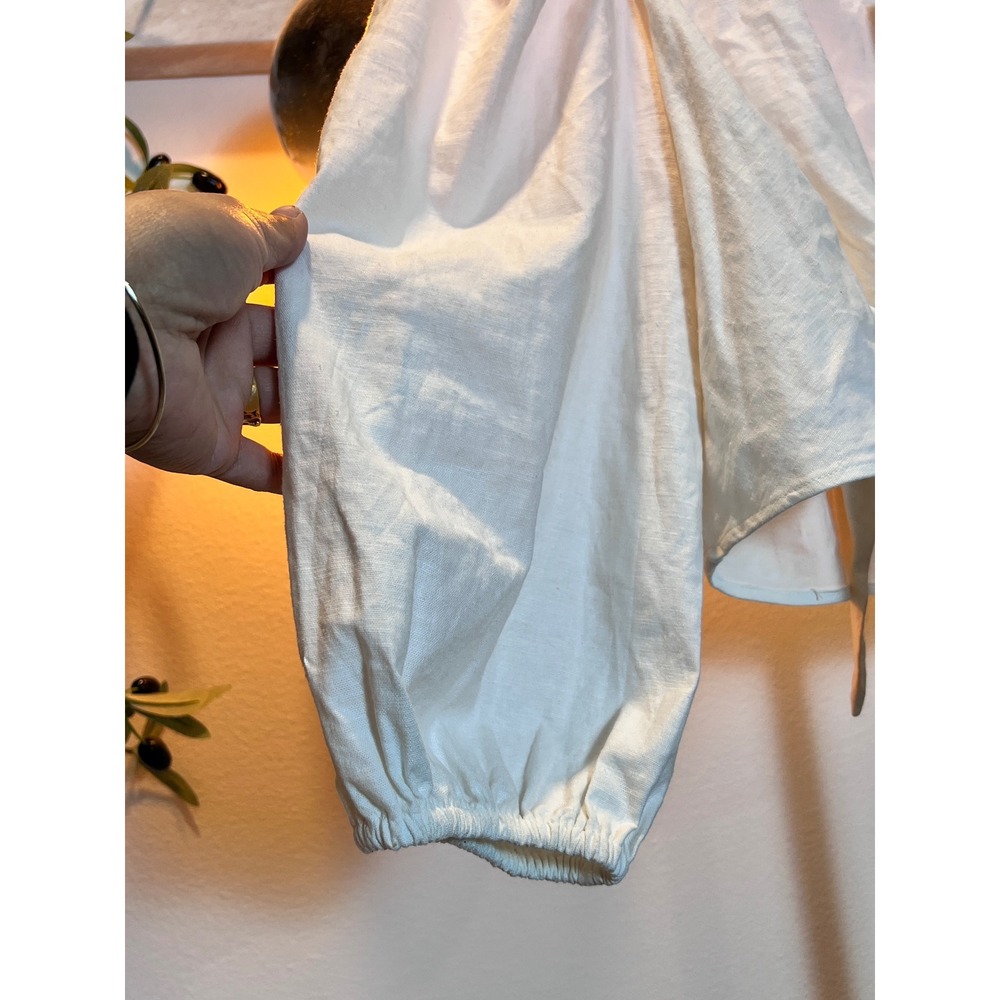 Linen Blend Express Womens Cream Tie Front Puff Sleeve Crop Top Large NEW - Picture 4 of 7